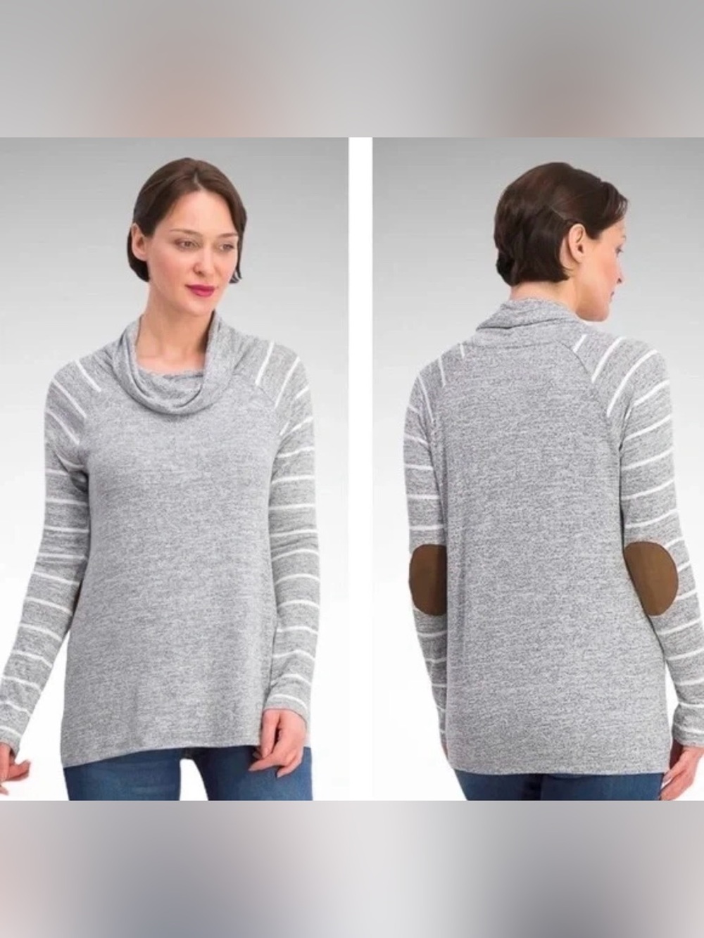 Market & Spruce Small Gray Cowl Neck Sweater with White Striped Long Sleeves!
